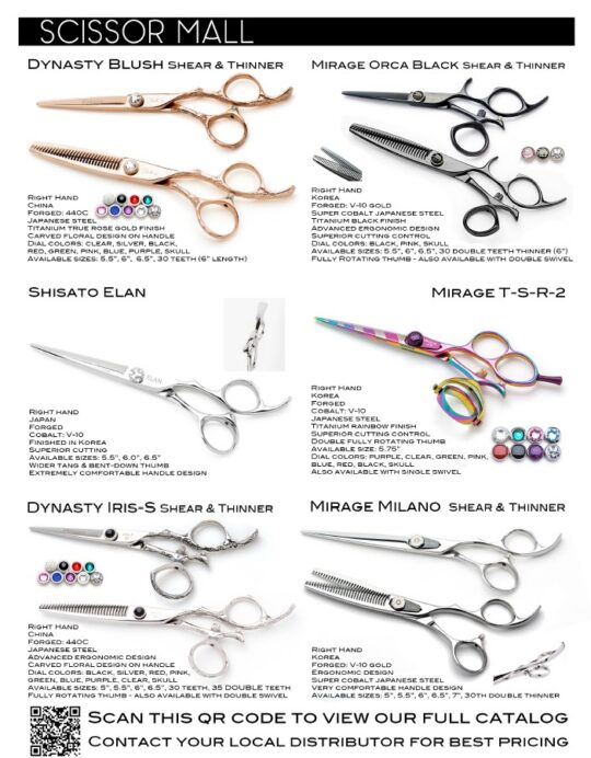 Catalog page displaying six types of hairdressing scissors with product names, descriptions, color options, and a QR code for full catalog access.