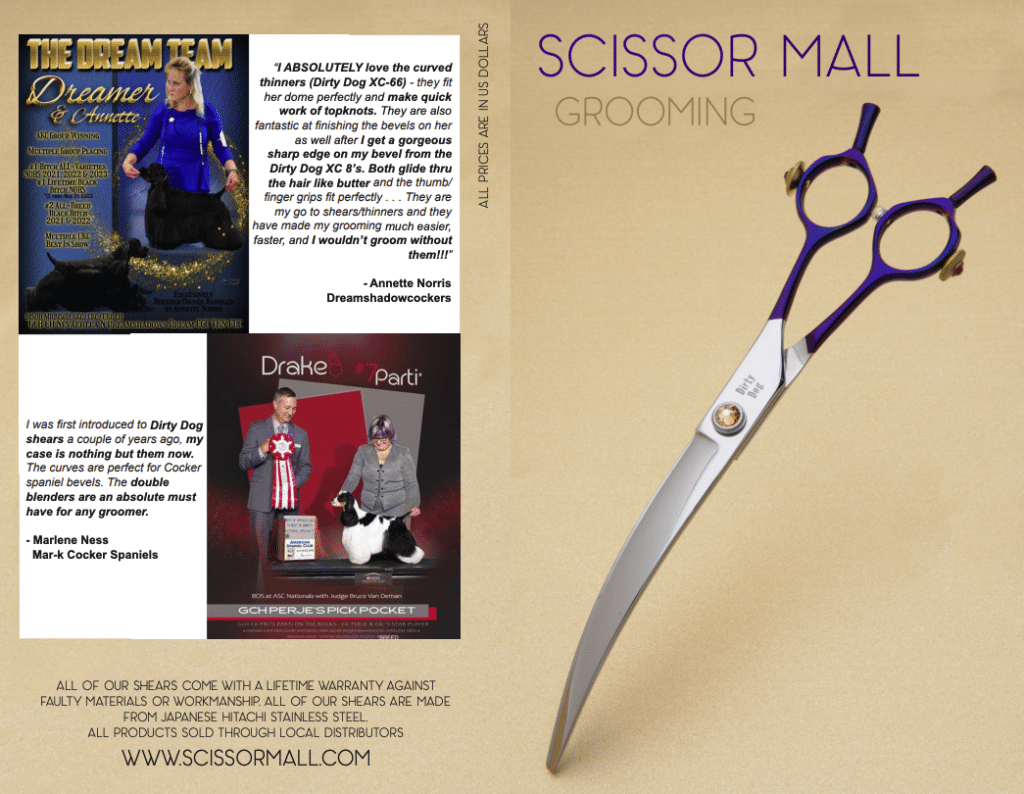 A pair of grooming scissors is displayed on a beige background next to customer testimonials and images of award-winning dogs with their groomers and magazine covers.
